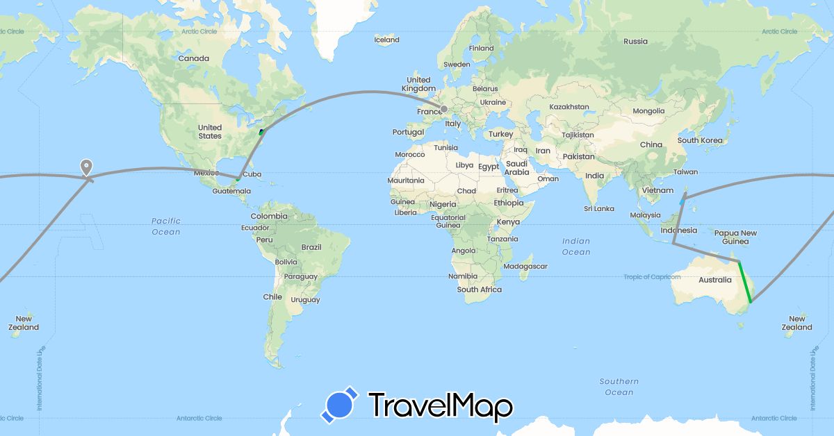 TravelMap itinerary: driving, bus, plane, train, boat in Australia, Switzerland, Indonesia, Mexico, Philippines, United States (Asia, Europe, North America, Oceania)